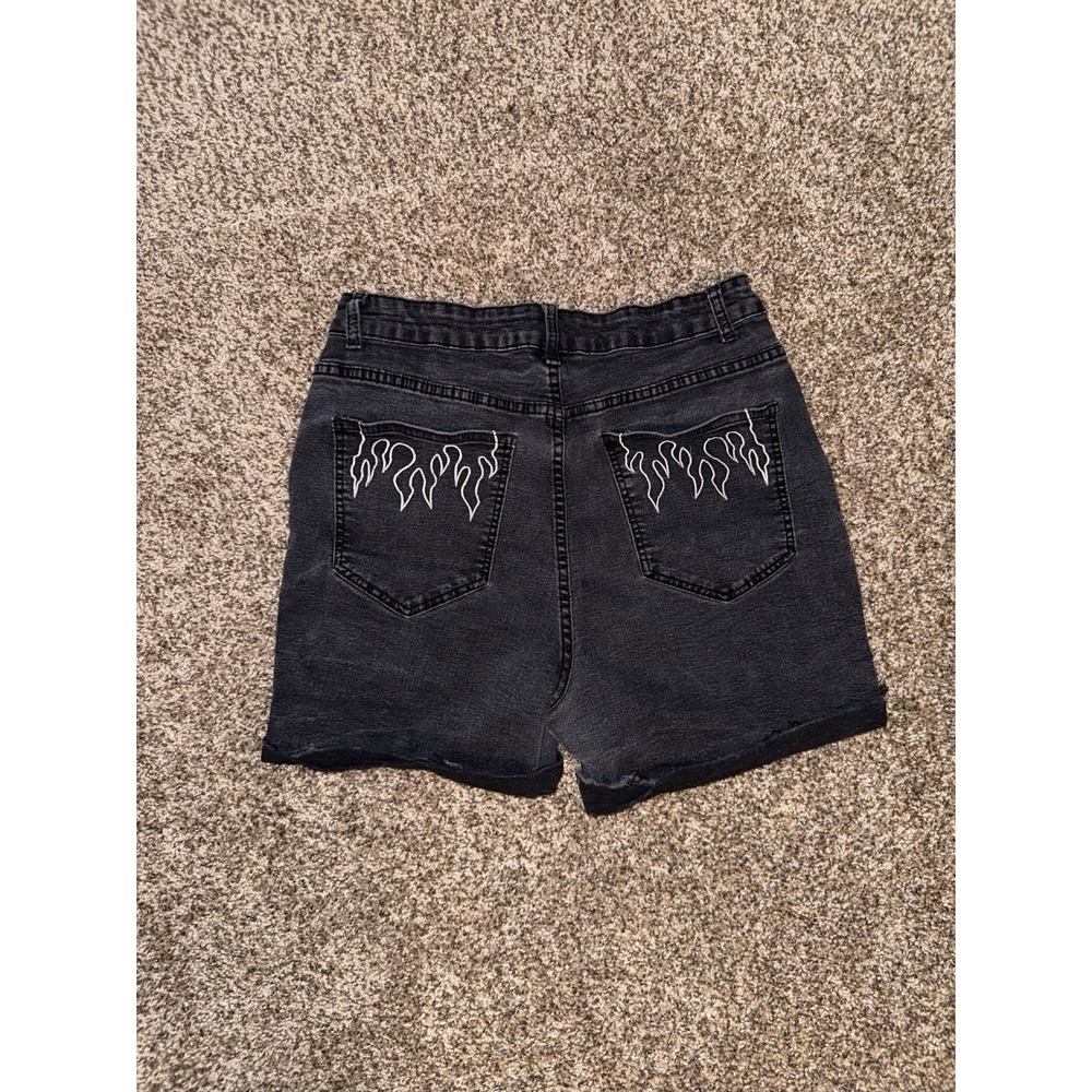 Black Denim Cutoff Shorts Flame Embroidered Zip Up SHEIN Size 1XL